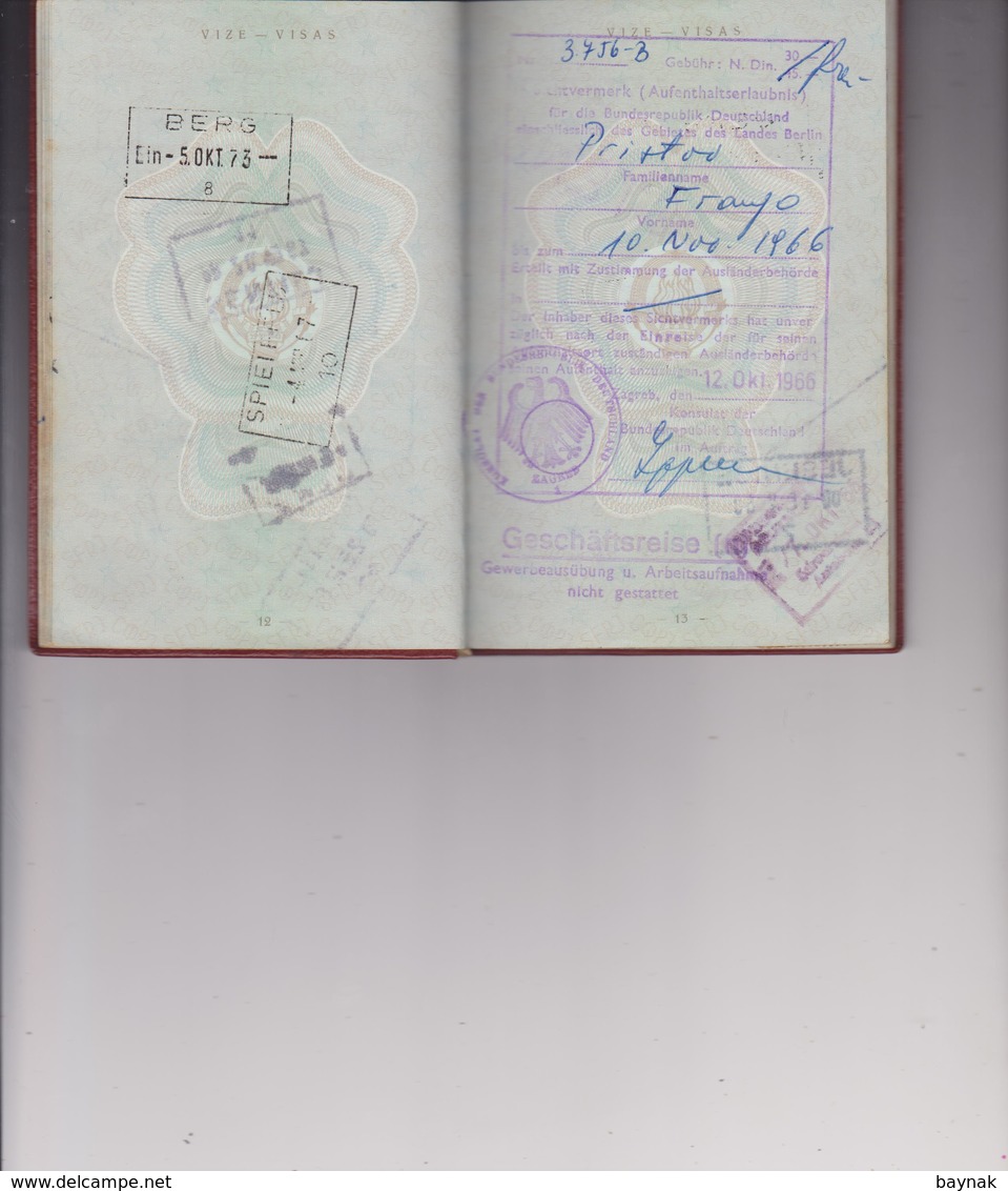 PM63  --  SFR YUGOSLAVIA  --  PASSPORT --  NO PHOTO  ~ 1966  -  VISA    DEUTSCHLAND, BELGIE, UK, SPAIN, PORTUGAL, RUSSIA