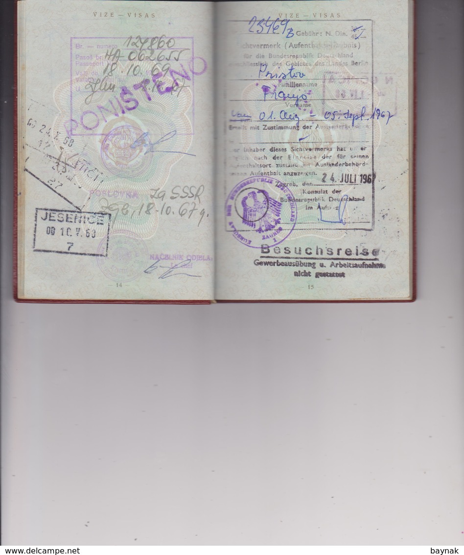 PM63  --  SFR YUGOSLAVIA  --  PASSPORT --  NO PHOTO  ~ 1966  -  VISA    DEUTSCHLAND, BELGIE, UK, SPAIN, PORTUGAL, RUSSIA