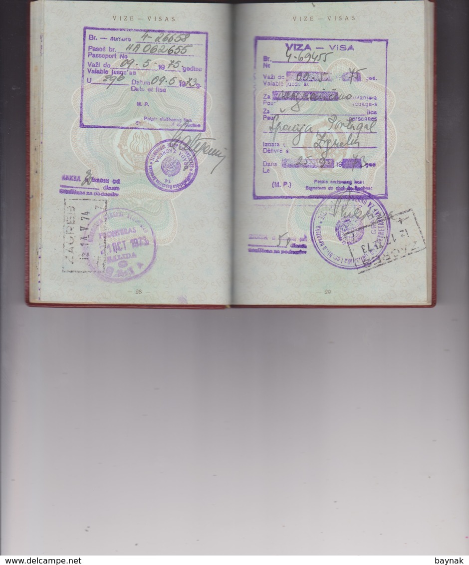 PM63  --  SFR YUGOSLAVIA  --  PASSPORT --  NO PHOTO  ~ 1966  -  VISA    DEUTSCHLAND, BELGIE, UK, SPAIN, PORTUGAL, RUSSIA