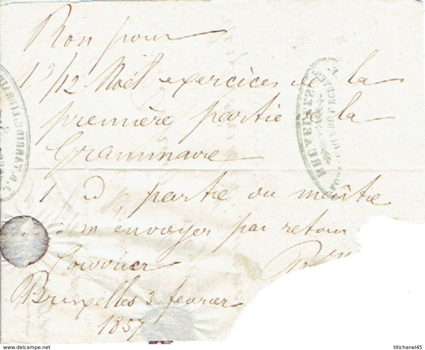 3/2/1857 Lettre Avec Texte Par Porteur BRUXELLES Vers LIEGE - Beau Cachet De J.B. TARRIBE Libraire 8 Rue De L'Ecuyer - Autres & Non Classés