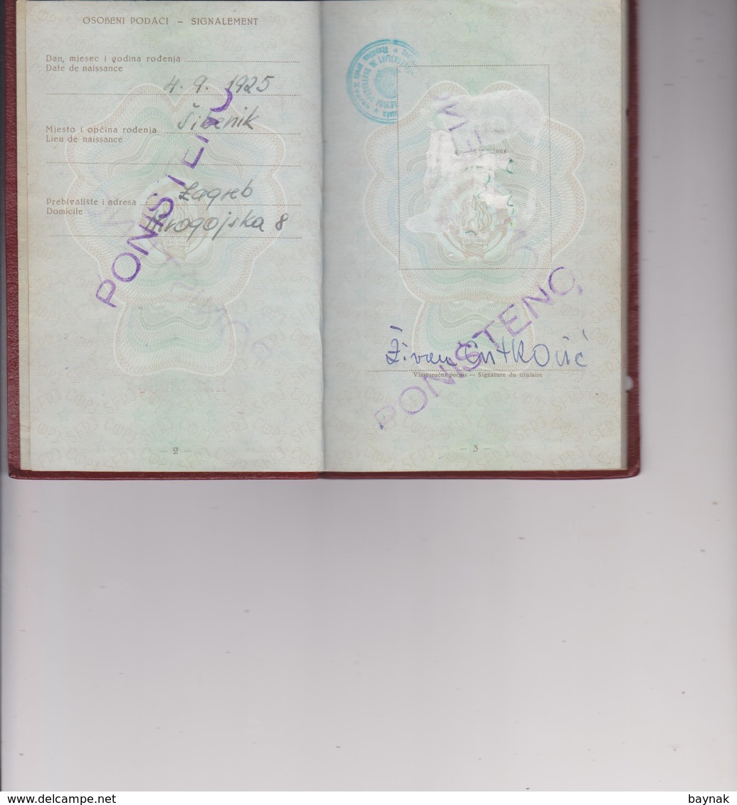 PM44  - SFR  YUGOSLAVIA  - PASSPORT - NO PHOTO  ~ ZIVAN CVITKOVIC  -  KOMPONIST, SIBENIK  -  1966  --  VISA  DEUTSCHLAND - Historische Documenten