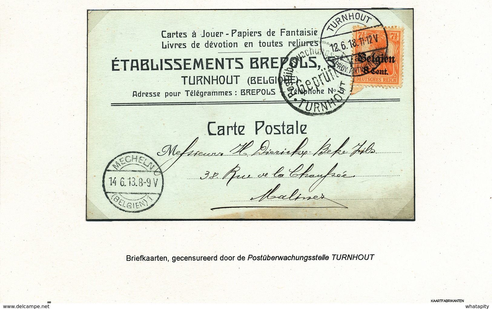 212/28A - CARTES A JOUER Belgique - Carte Publicitaire TP Germania - TURNHOUT Provinz Antwerpen 1918 + Censure - Zonder Classificatie