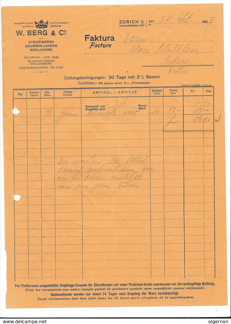 F96 - Facture 1927 W. Berg Strickwaren Baumwollgarnie Wollgarne Zürich Pour Schulthess Sierre - Suisse