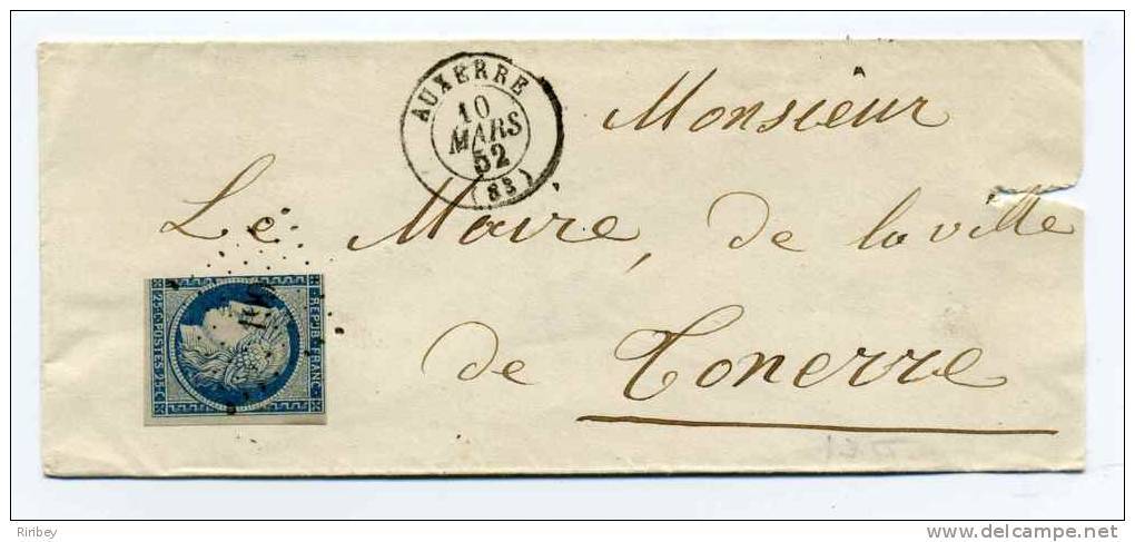 Lettre T15 AUXERRE + Losange PC 199 - Dept 83 YONNE - 10 Mars 1852 - CERES 25c YT N°4 - 1849-1850 Ceres