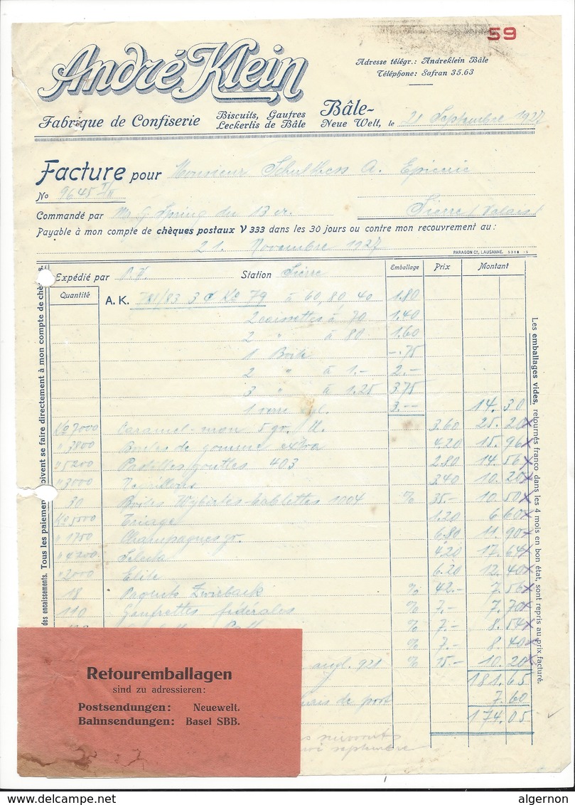F100 - Facture Rechnung 1927 Bâle André Klein Fabrique De Confiserie Pour Schulthess Sierre - Suisse