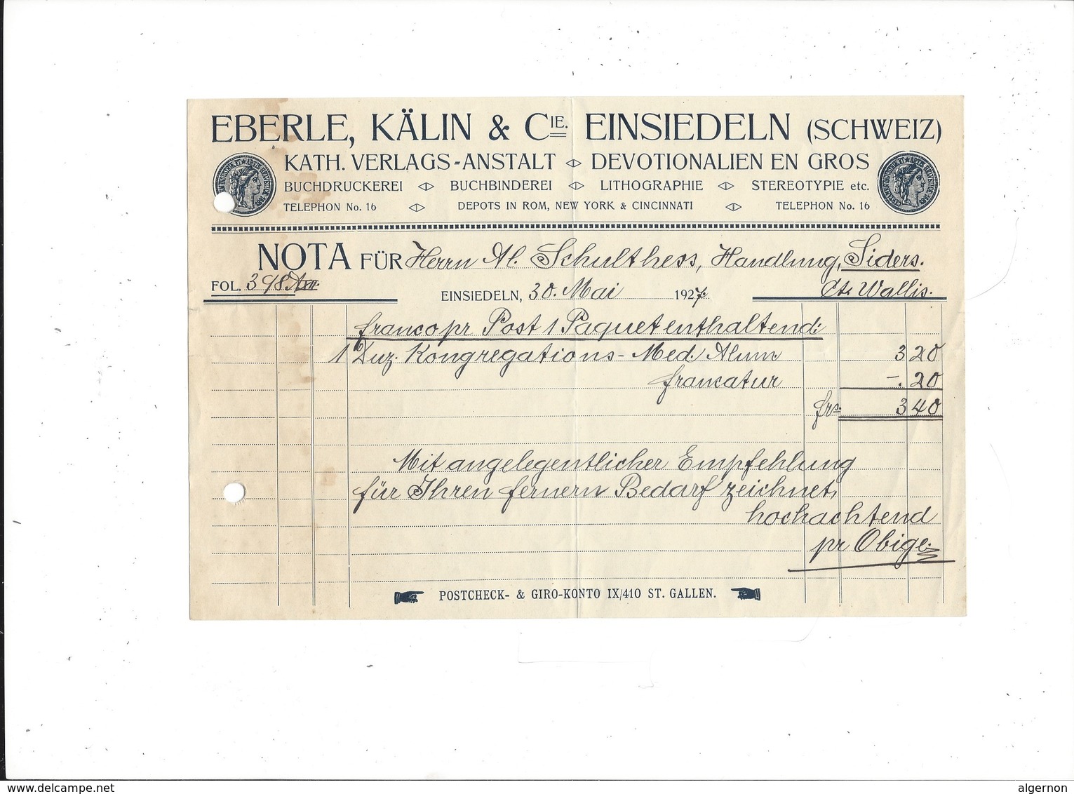 F101 - Facture Rechnung 1927 Einsiedeln Eberle Kälin Buchdruckerei Pour Schulthess Sierre - Suisse