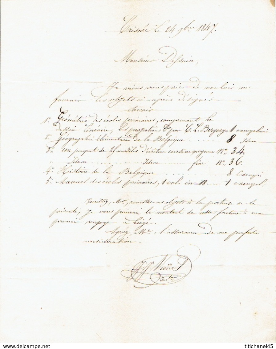 Précurseur 24/9/1847 Lettre Avec Texte Envoyée Par Porteuse De CRISNEE Vers LIEGE - Signé KINET Instituteur - 1830-1849 (Independent Belgium)