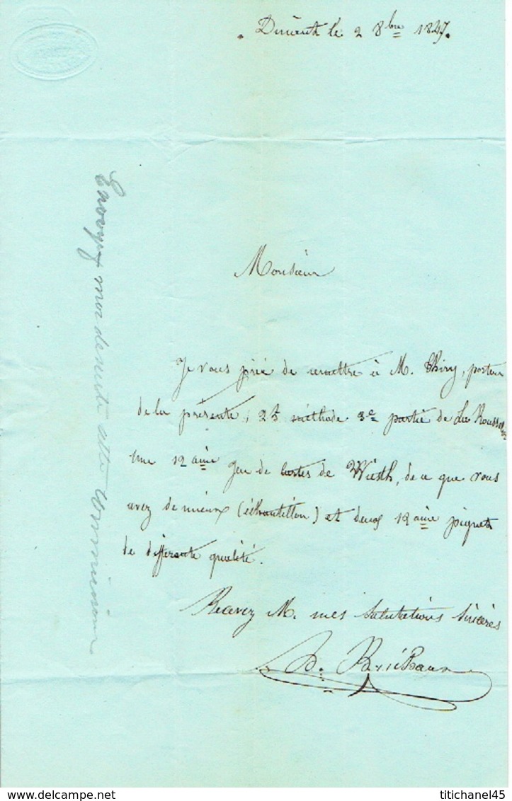 Précurseur 2/9/1847 Lettre Avec Texte Envoyée Par Le Porteur THIRY De DINANT Vers LIEGE - Signé BRICHAUX - 1830-1849 (Belgique Indépendante)