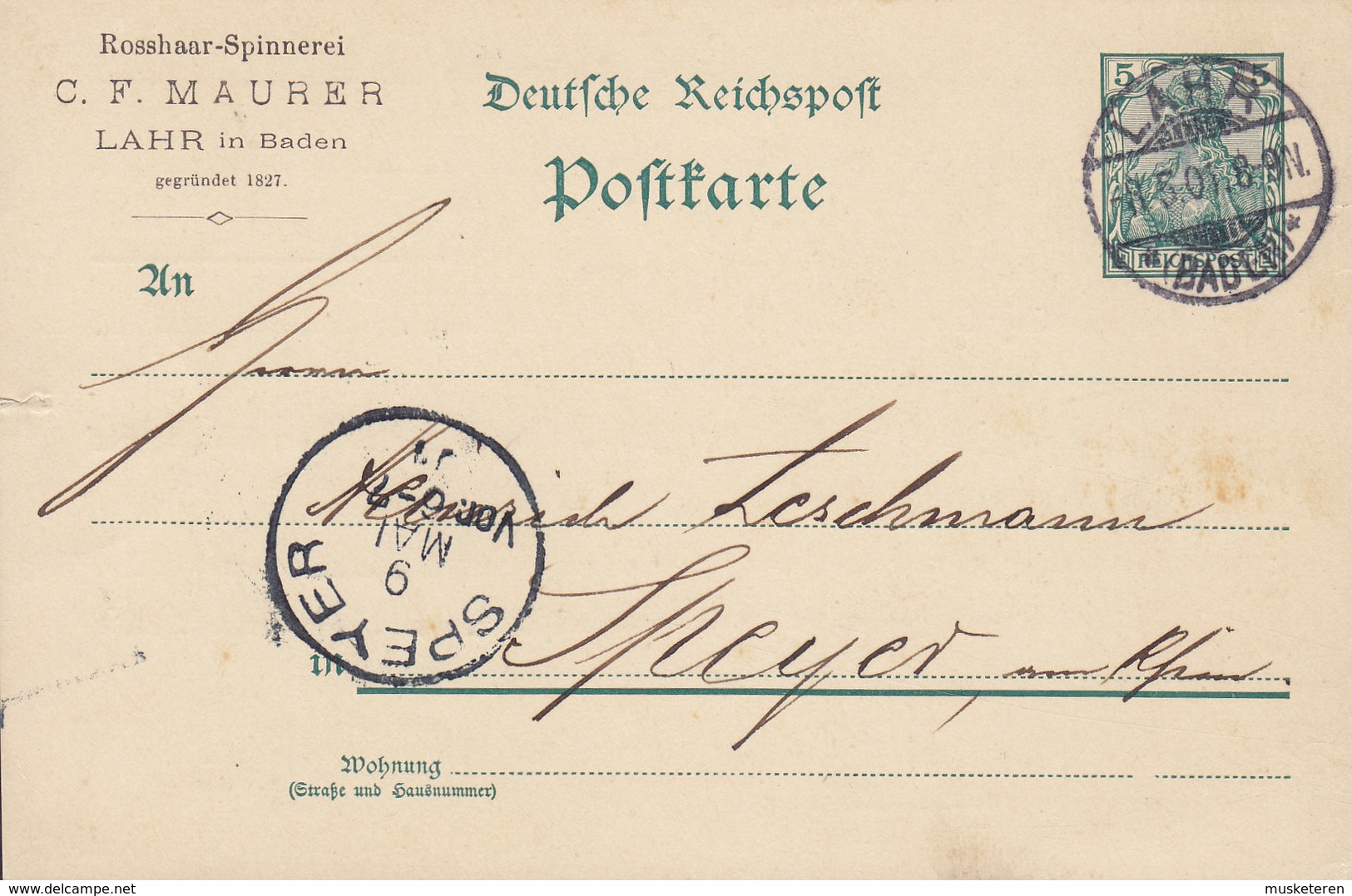 Reichspost Postal Stationery Ganzsache Germania PRIVATE Print C. F. MAURER Rosshaar-Spinnerei LAHR Baden 1901 - Cartoline