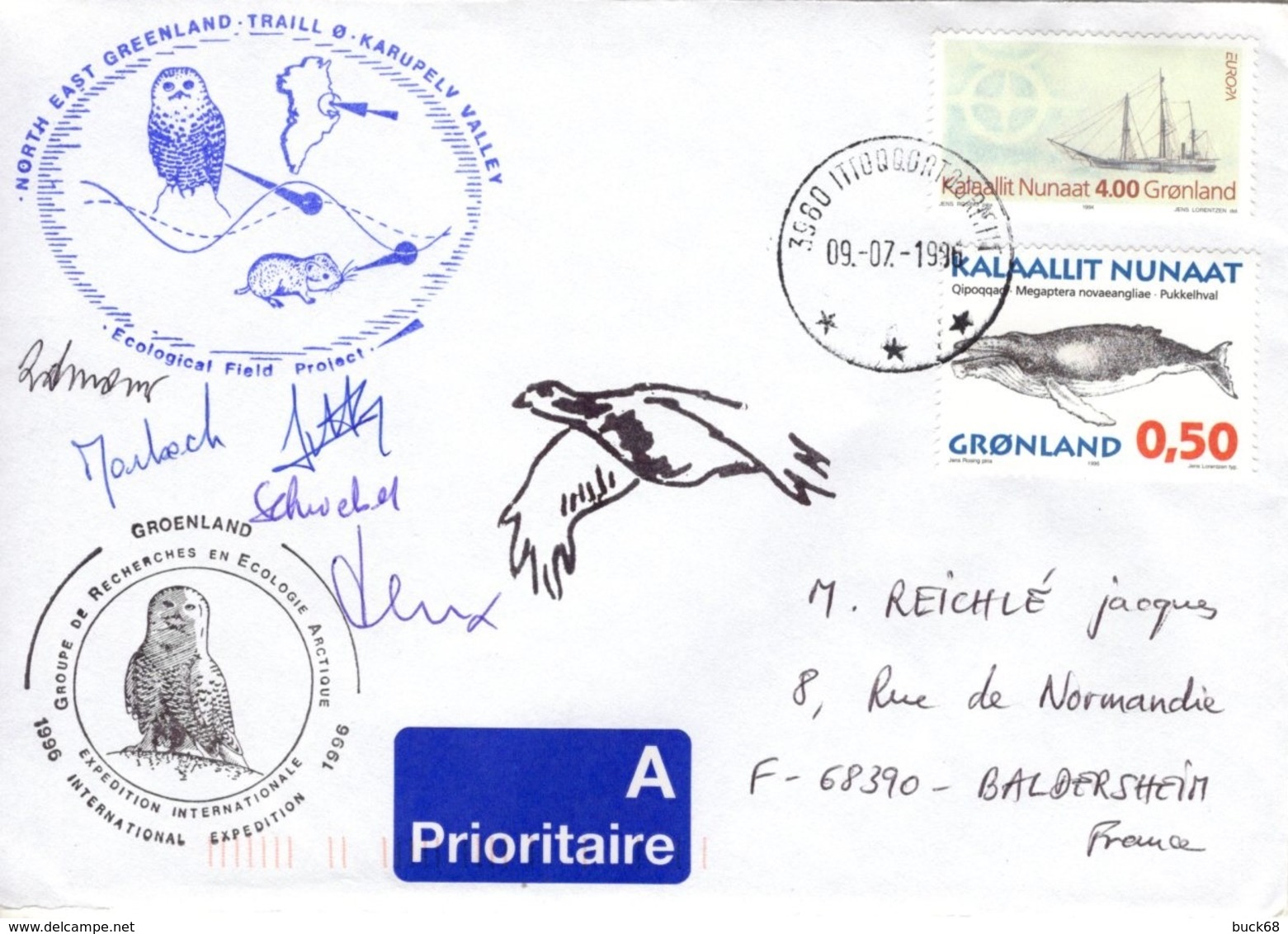 GROENLAND GRØNLAND 233 267 Lettre Signée GREA Ecological Field Expédition Karupelv Valley 1996 Hibou Owl Eule Polar Doc - Postmarks