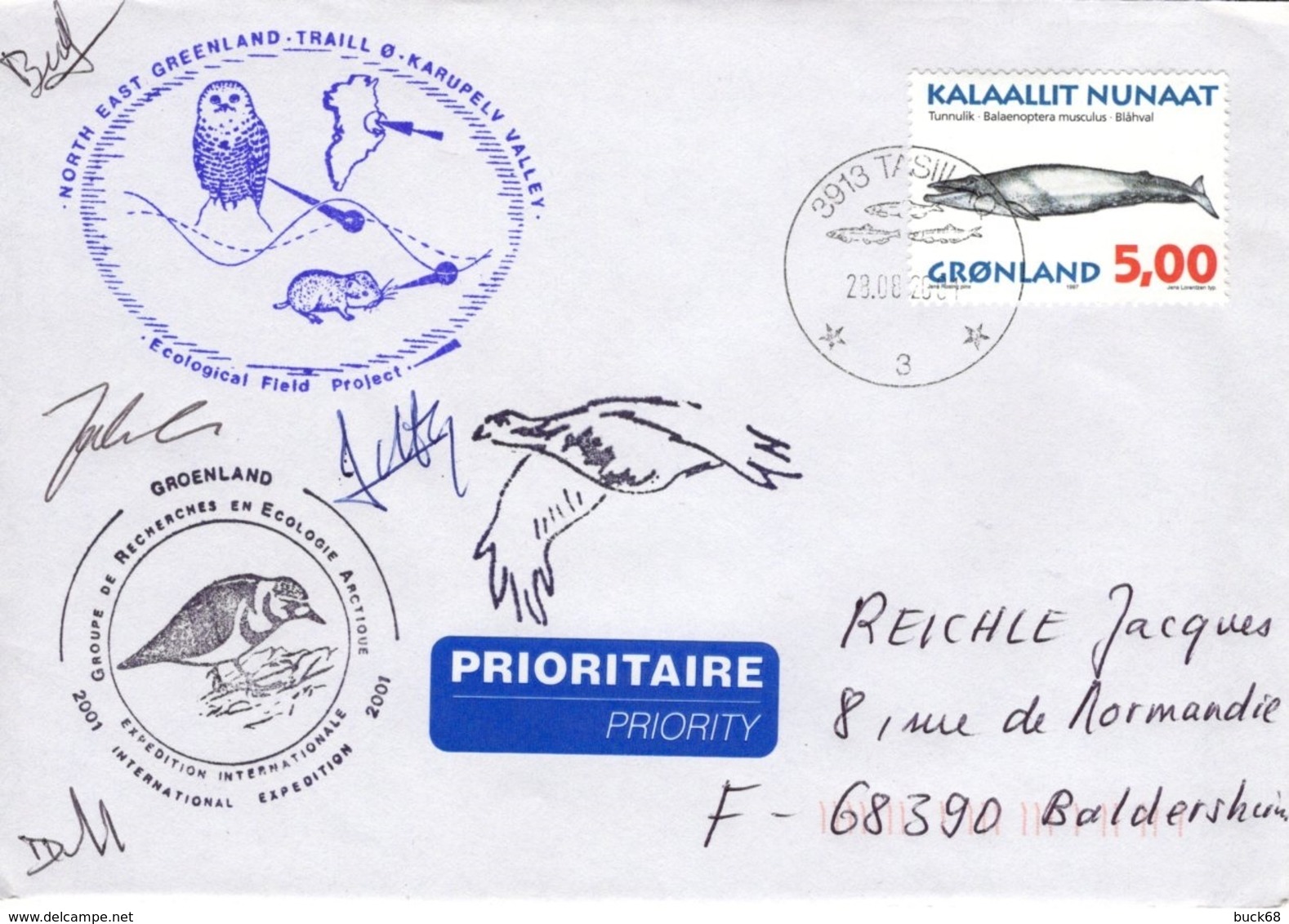GROENLAND GRØNLAND 284 Lettre Signée GREA Ecological Field Expédition Karupelv Valley 2001 Hibou Owl Eule Polar Pôle Doc - Postmarks