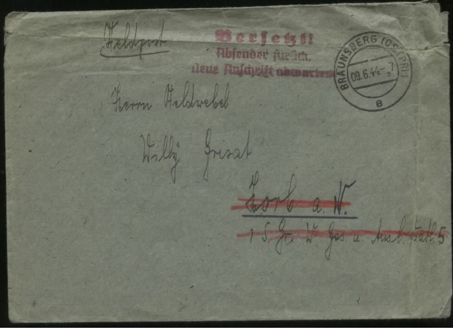 S0739 DR Feldpostbrief Mit Versetzt Vermerk:gebraucht Braunsberg Ostpreußen - Horb 1944, Bedarfserhaltung Ohne Inhalt. - Briefe U. Dokumente