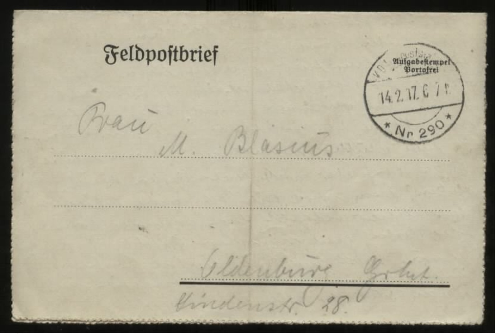 S0672 DR WW I Feldpostbrief ,gebraucht Feldpoststation Nr. 290 - Oldenburg 1917 , Bedarfserhaltung Mit Inhalt. - Briefe U. Dokumente