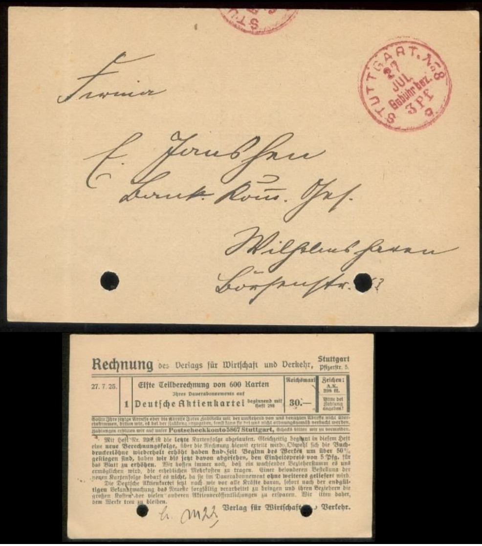 18885 DR Karte Gebühr Bezahlt Stuttgart - Wilhelmshaven 1925, Bedarfserhaltung , Registratur Lochung. - Briefe U. Dokumente