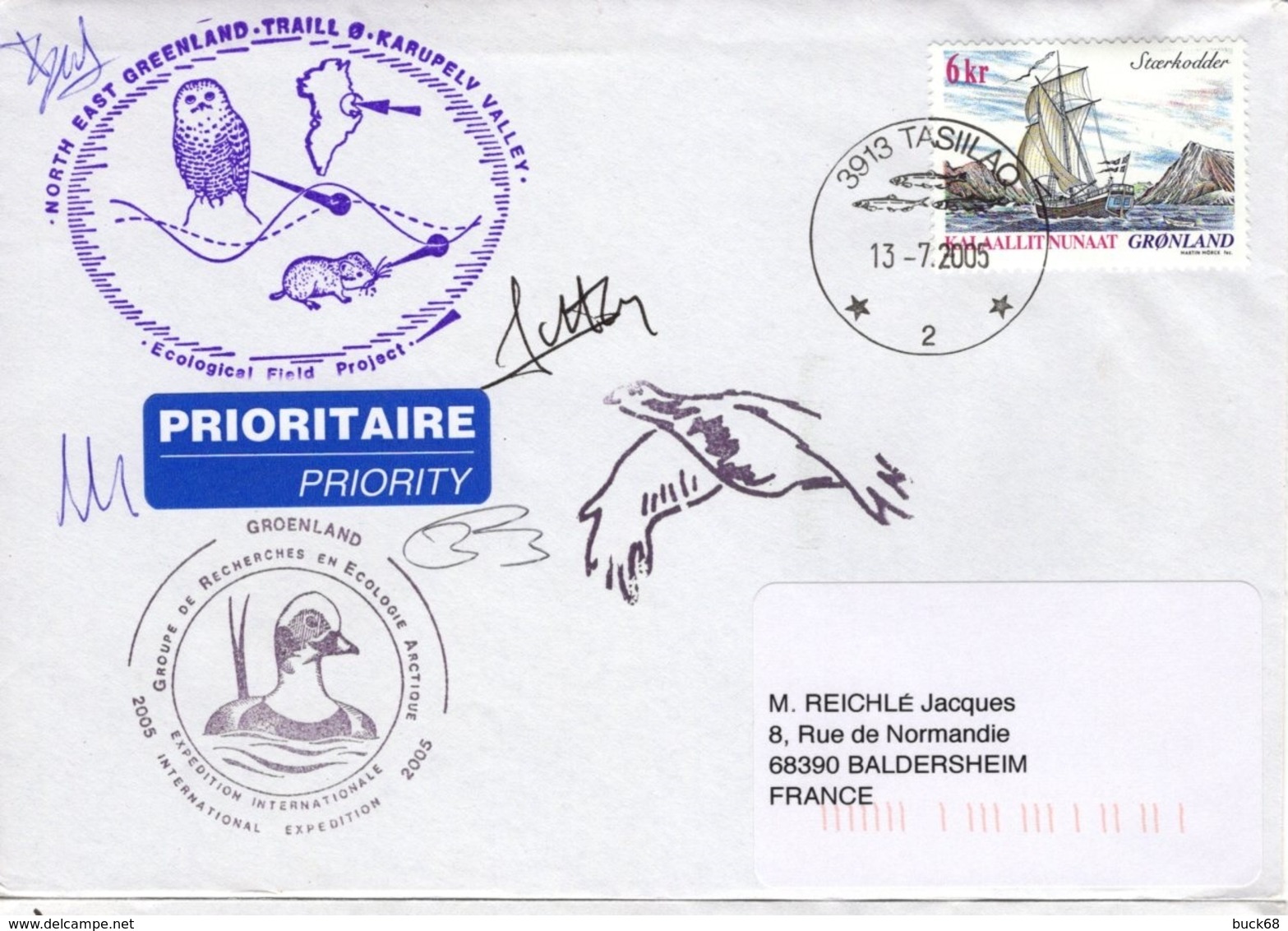 GROENLAND GRØNLAND 362 Lettre Signée GREA Ecological Field Expédition Karupelv Valley 2005 Hibou Owl Eule Polar Pôle - Postmarks