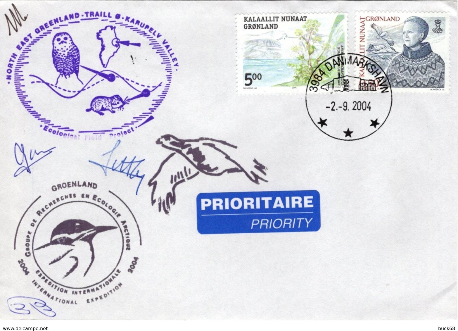 GROENLAND GRØNLAND 367 395 Lettre Signée GREA Ecological Field Expédition Karupelv Valley 2004 Hibou Owl Eule Polar Pôle - Postmarks