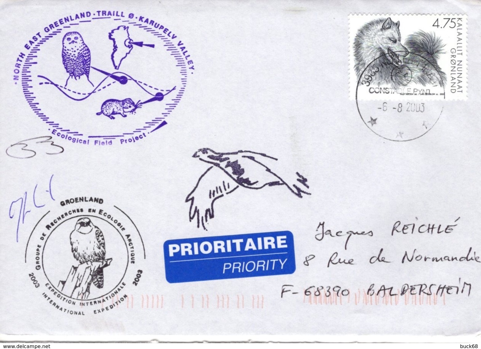 GROENLAND GRØNLAND 373 Lettre Signée GREA Ecological Field Expédition Karupelv Valley 2003 Hibou Owl Eule Polar Pôle - Storia Postale