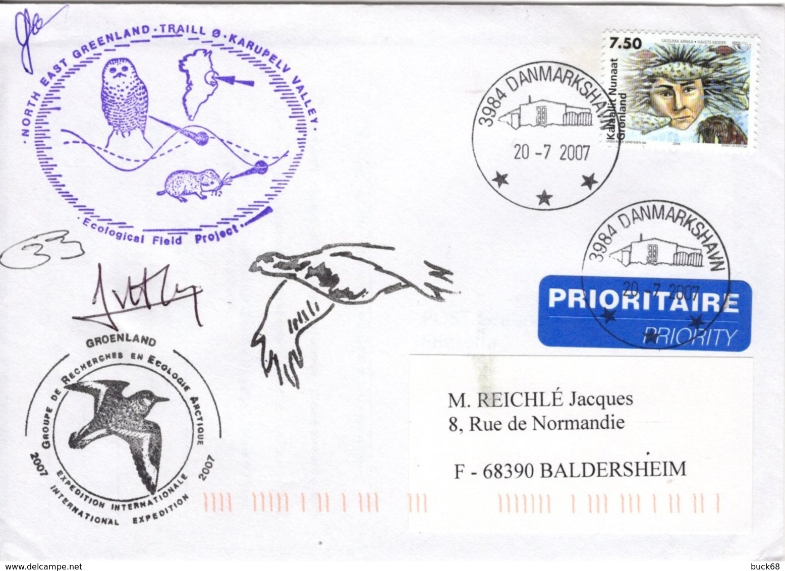 GROENLAND GRØNLAND 441 Lettre Signée GREA Ecological Field Expédition Karupelv Valley 2007 Hibou Owl Eule Polar Pôle - Storia Postale