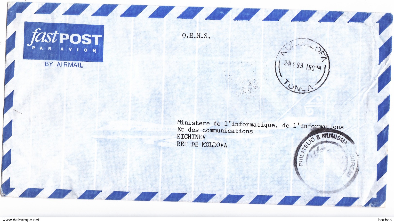 1993 , Tonga  To Moldova , Used Cover - Tonga (1970-...)