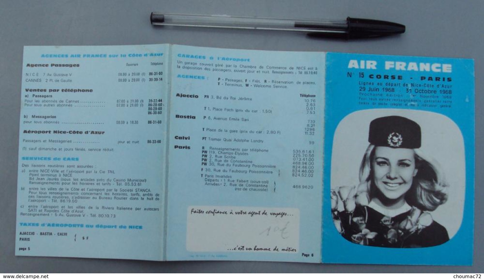 007, Transports Aviation Commerciale, Horaires Air France Corse Paris - 1968 - Bon état, Petite Pliure Sur La Première P - Timetables