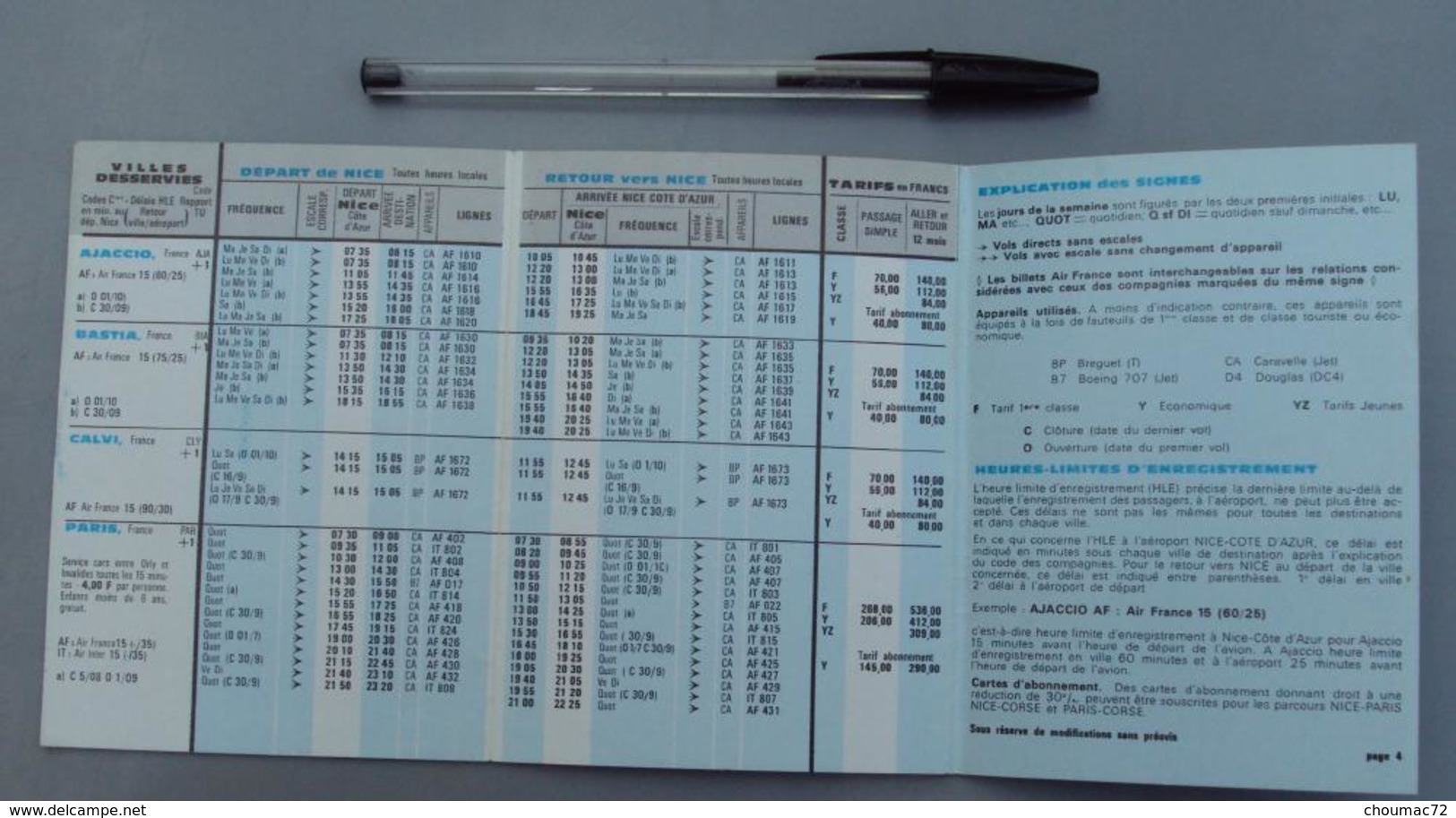 007, Transports Aviation Commerciale, Horaires Air France Corse Paris - 1968 - Bon état, Petite Pliure Sur La Première P - Horaires