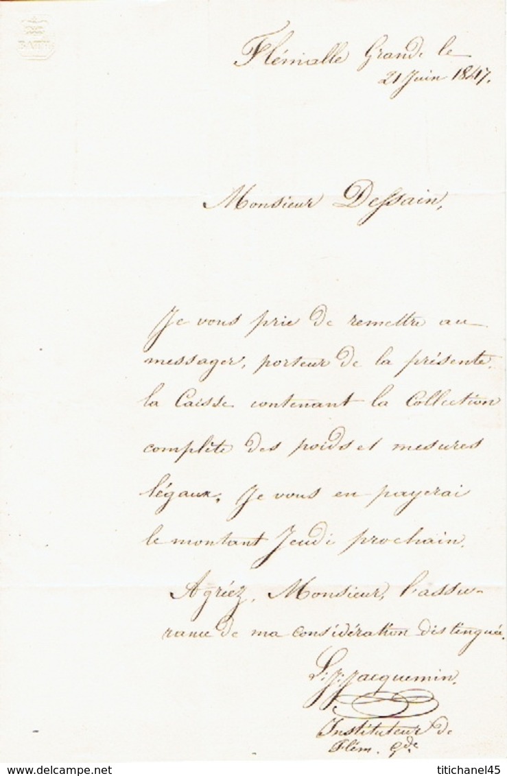 Précurseur 21/01/1847 Lettre Envoyée Par Messager De FLEMALLE-GRANDE à LIEGE - Signé JACQUEMIN Instituteur De FLEMALLE G - 1830-1849 (Belgique Indépendante)