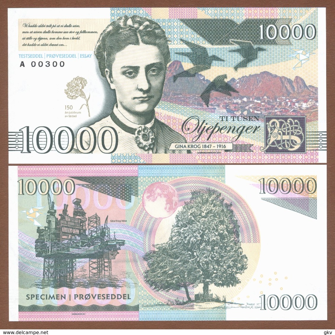 NORWAY 10000 Oljepenger 2017 UNC. Gina Krog. Private Essay. Specimen. - Autres & Non Classés