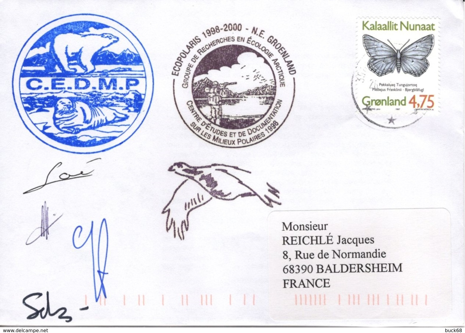 GROENLAND GRØNLAND 280 Lettre Signée GREA C.E.M.D.P. Mission ECOPOLARIS 1998-2000 Cachet Ours Phoque ● - Poststempel