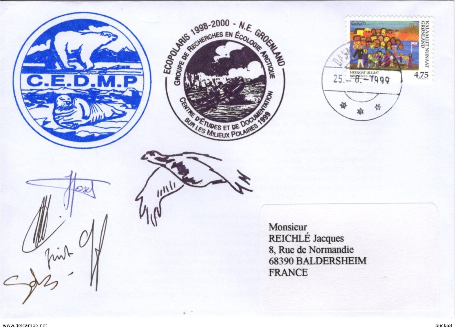 GROENLAND GRØNLAND 302 Lettre Signée GREA C.E.M.D.P. Mission ECOPOLARIS 1998-2000 Cachet Ours Phoque - Marcofilia