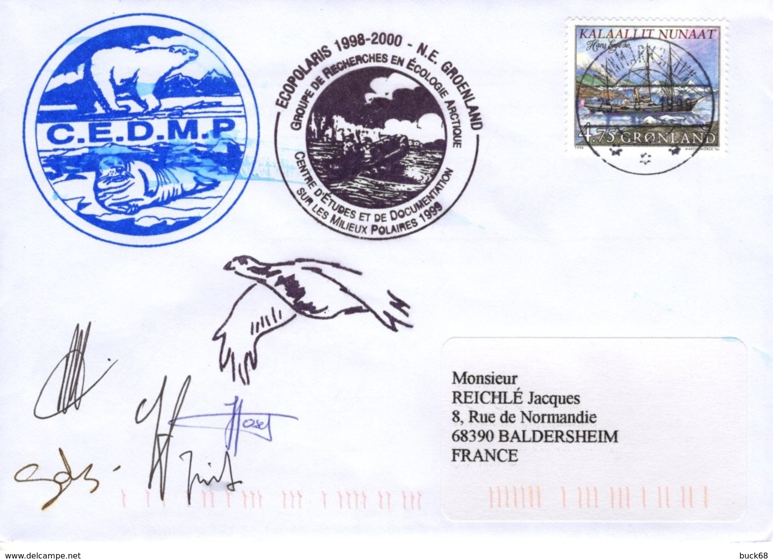 GROENLAND GRØNLAND 307a Lettre Signée GREA C.E.M.D.P. Mission ECOPOLARIS 1998-2000 Cachet Ours Phoque - Storia Postale