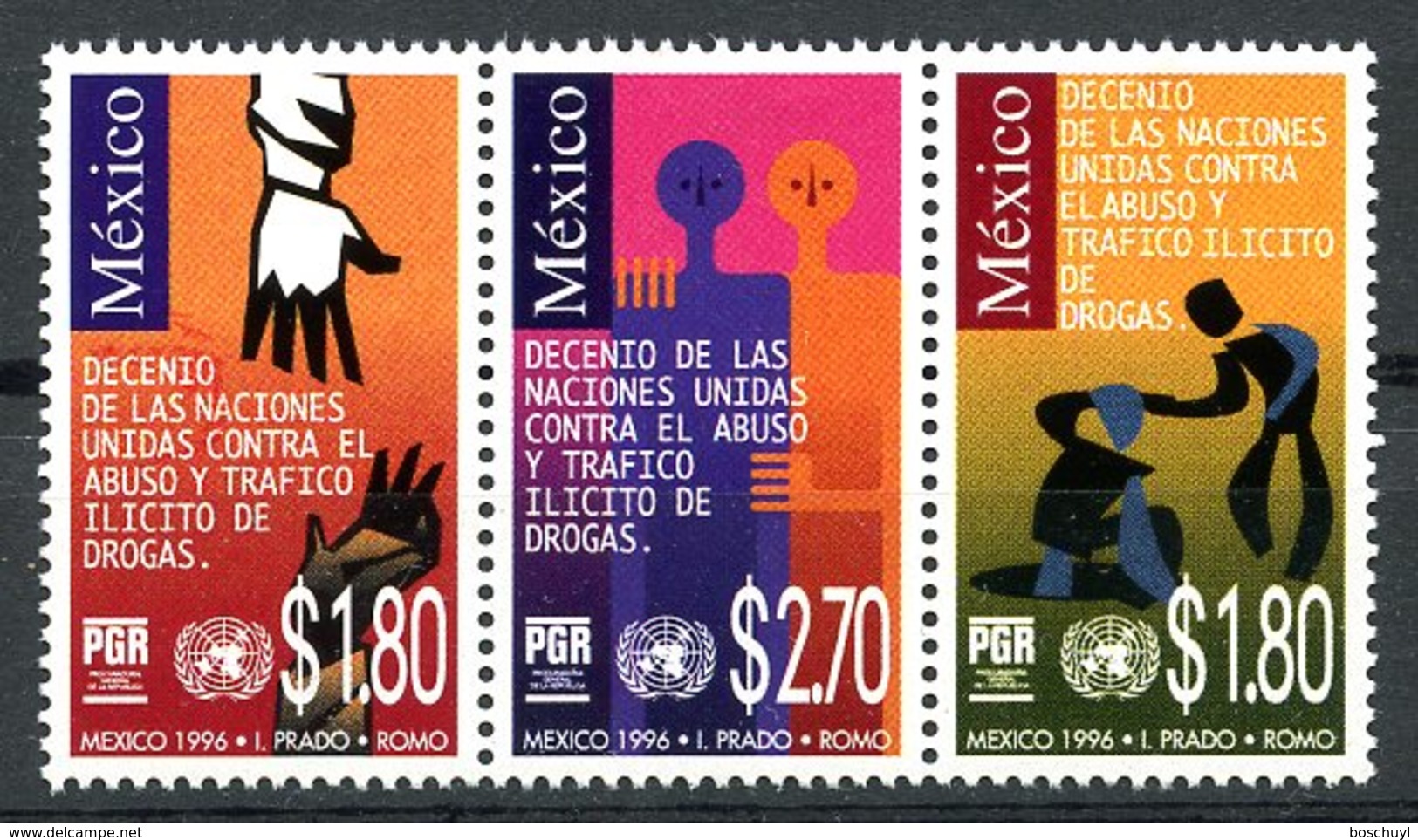 Mexico, 1996, Fight Against Drug Abuse, United Nations, MNH Strip, Michel 2547-2549 - Mexique