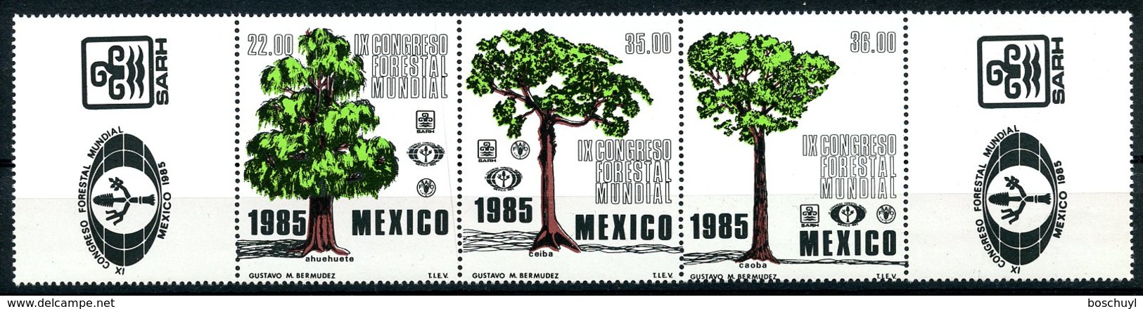 Mexico, 1985, World Forestry Congress, Trees, MNH Strip With Tabs, Michel 1936-1938 - Mexique
