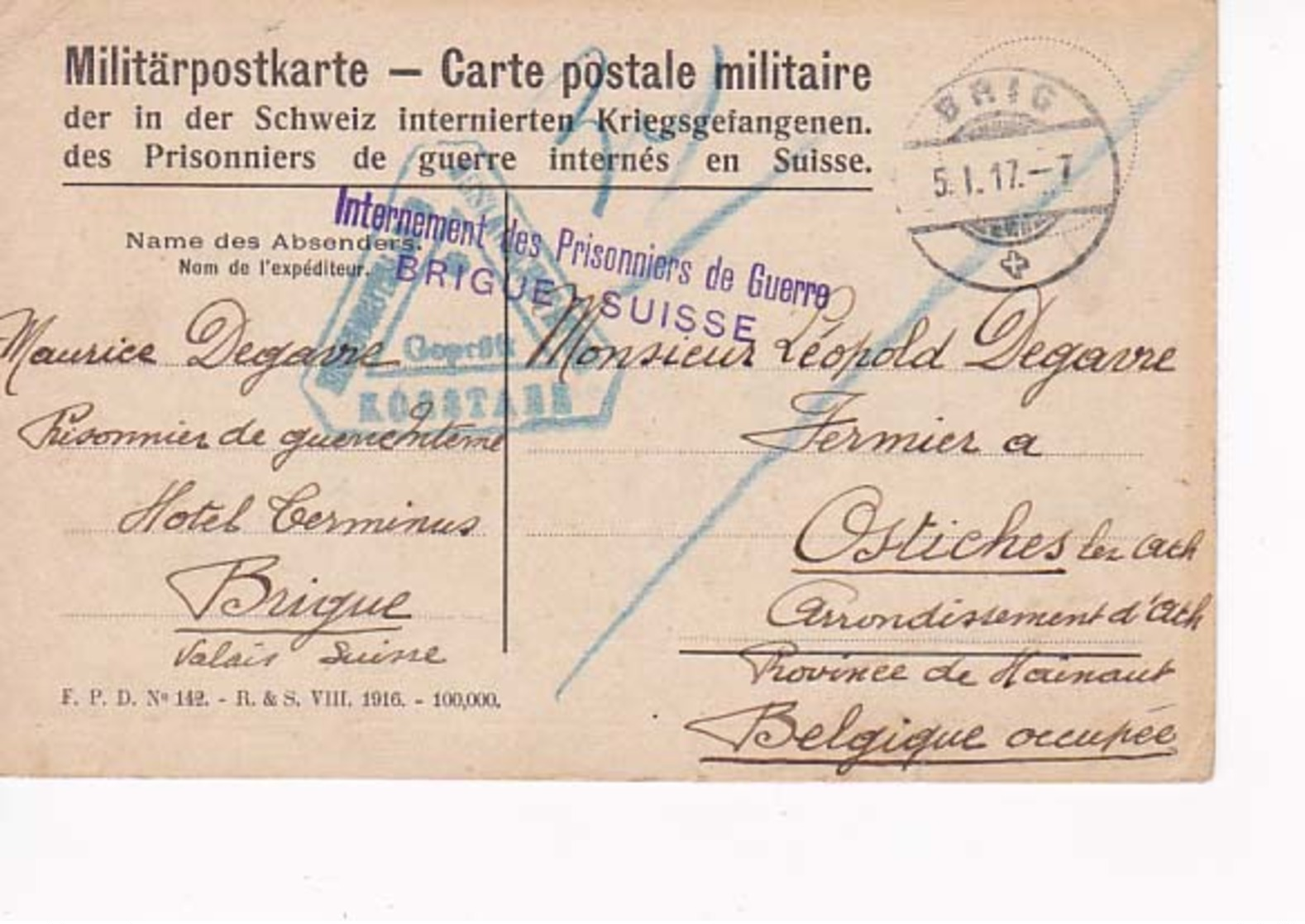 Carte Postale Militaire Prisonniers En Suisse Vers Ostiches Lez Ath  05 01 1917 - Prisonniers