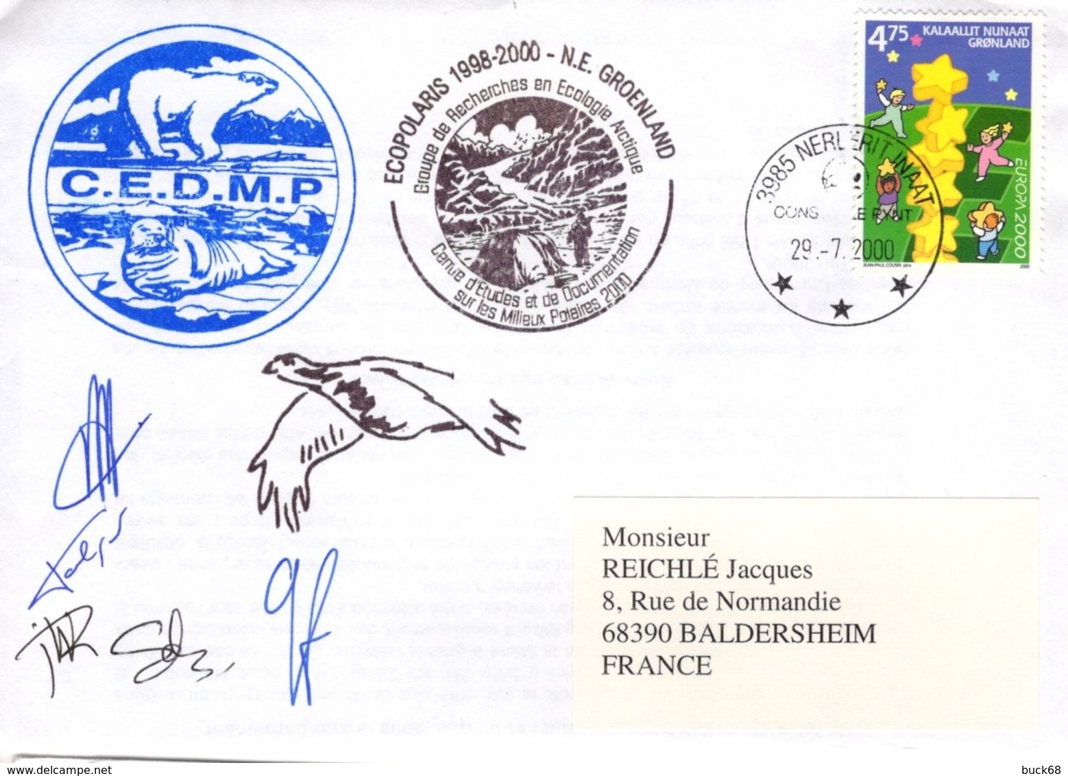 GROENLAND GRØNLAND 333 Lettre Signée GREA C.E.M.D.P. Mission ECOPOLARIS 1998-2000 Cachet Ours Phoque - Marcophilie