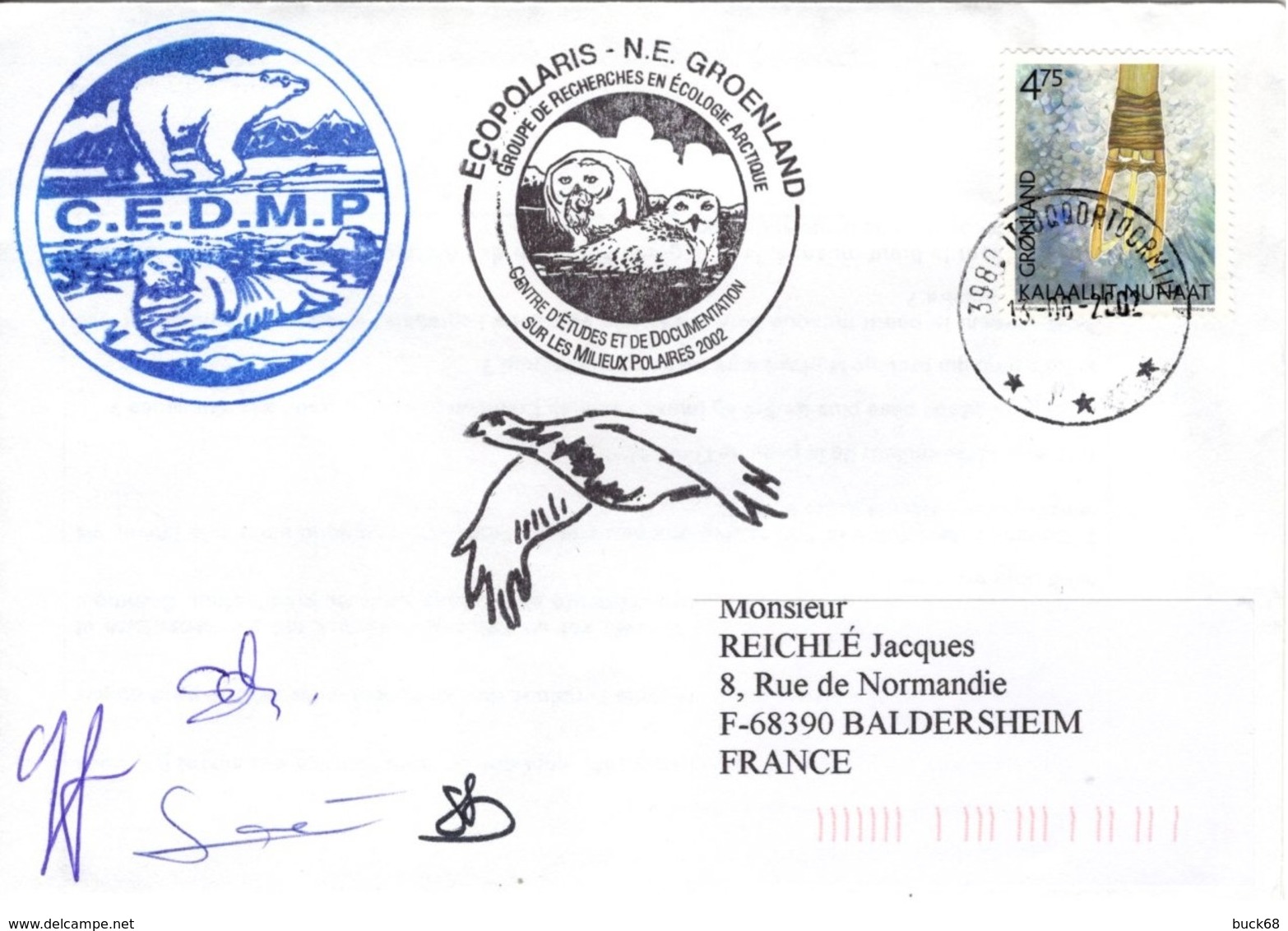 GROENLAND GRØNLAND 347 Lettre Signée GREA C.E.M.D.P. Mission ECOPOLARIS 1998-2000 Cachet Ours Phoque - Marcophilie