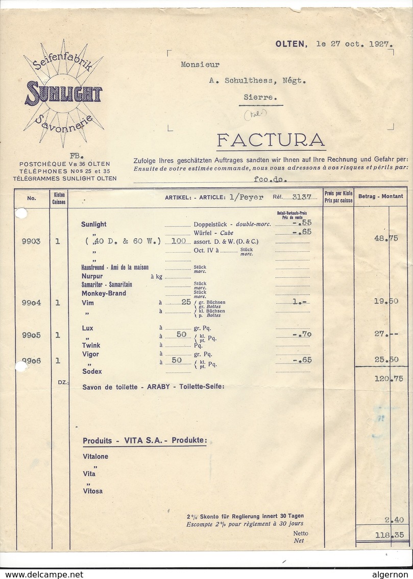 F106 - Facture Rechnung 1927 Olten Sunlicht Seifenfabrik Savonnerie Pour Schulthess Sierre - Suisse