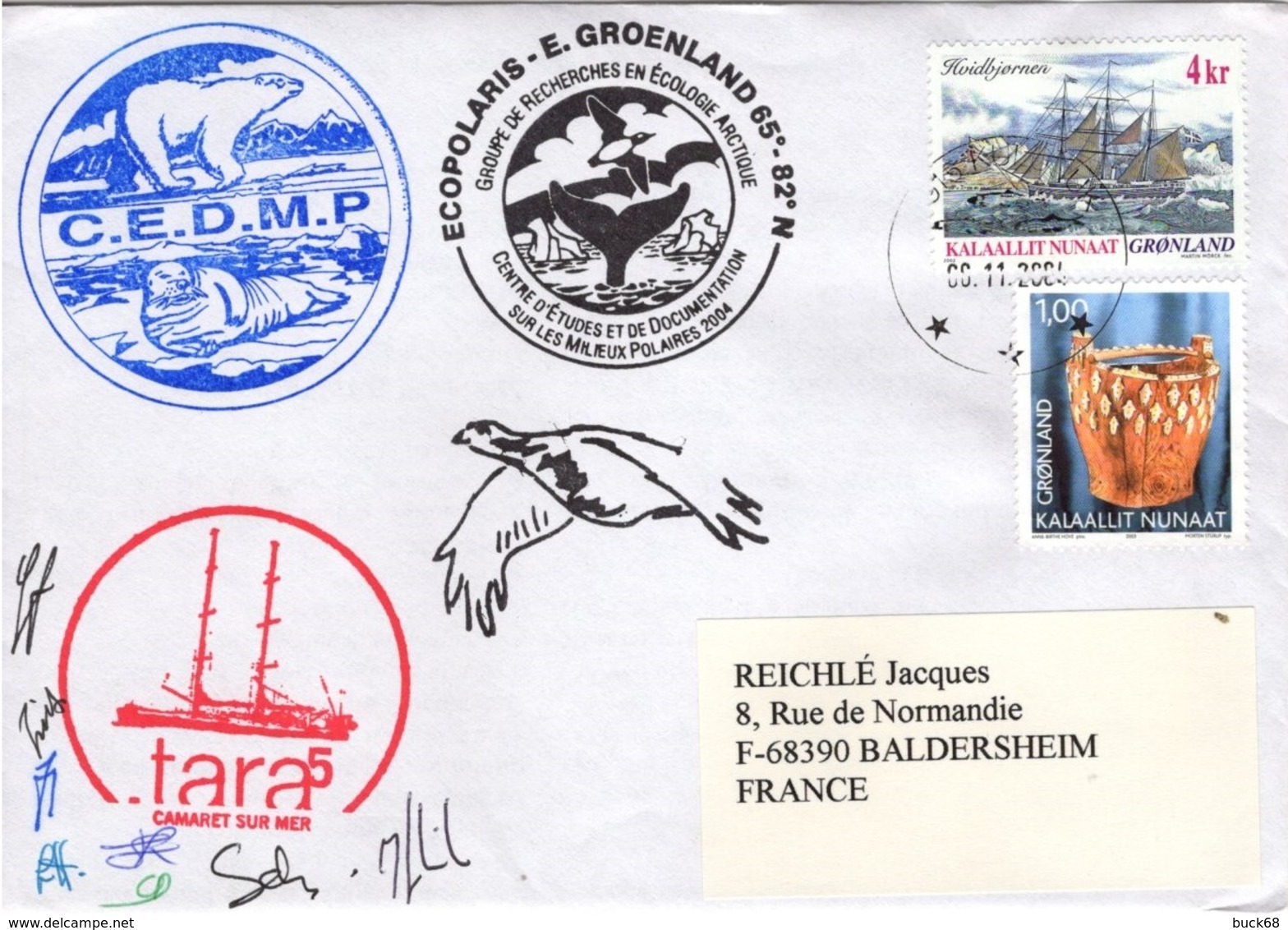 GROENLAND GRØNLAND 361 378 Lettre Signée GREA C.E.M.D.P. Mission ECOPOLARIS 1998-2000 Cachet Ours Phoque Baleine 2 - Marcophilie