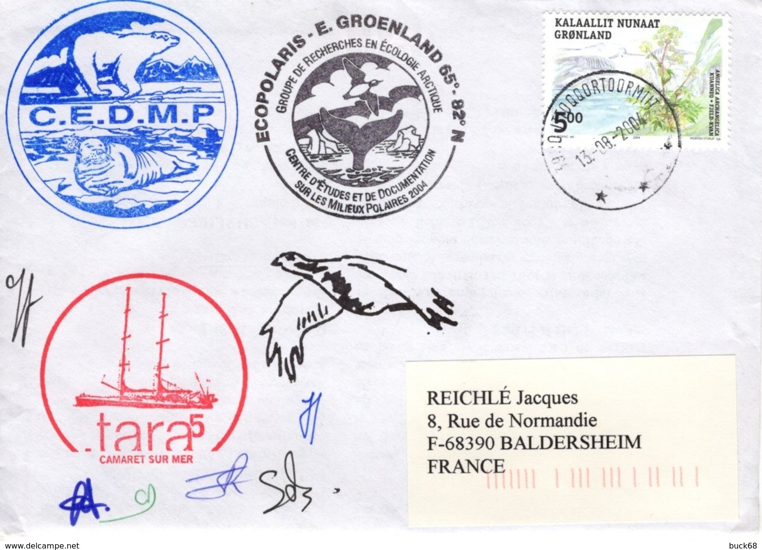 GROENLAND GRØNLAND 395 Lettre Signée GREA C.E.M.D.P. Mission ECOPOLARIS 1998-2000 Cachet Ours Phoque Baleine 2 - Marcophilie