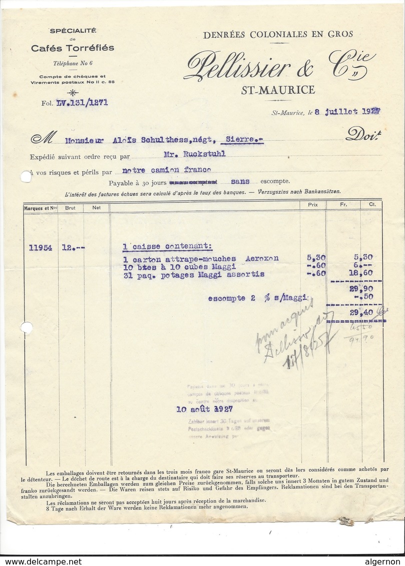 F110 - Facture Rechnung 1927 St-Maurice Denrées Coloniales En Gros Pellissier Pour Schulthess Sierre - Suisse