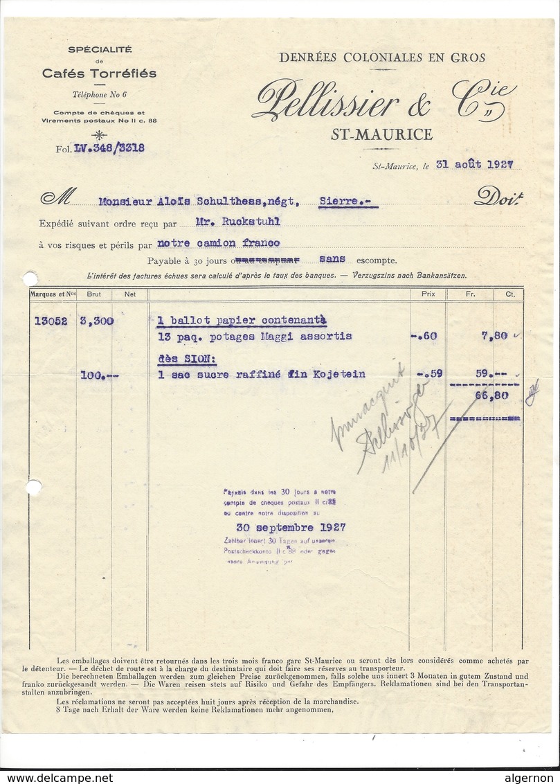 F111 - Facture Rechnung 1927 St-Maurice Denrées Coloniales En Gros Pellissier Pour Schulthess Sierre - Switzerland