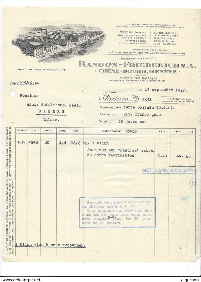 F112 - Facture Rechnung 1927 Chêne-Bourg Randon-Friederich  Pour Schulthess Sierre - Suisse