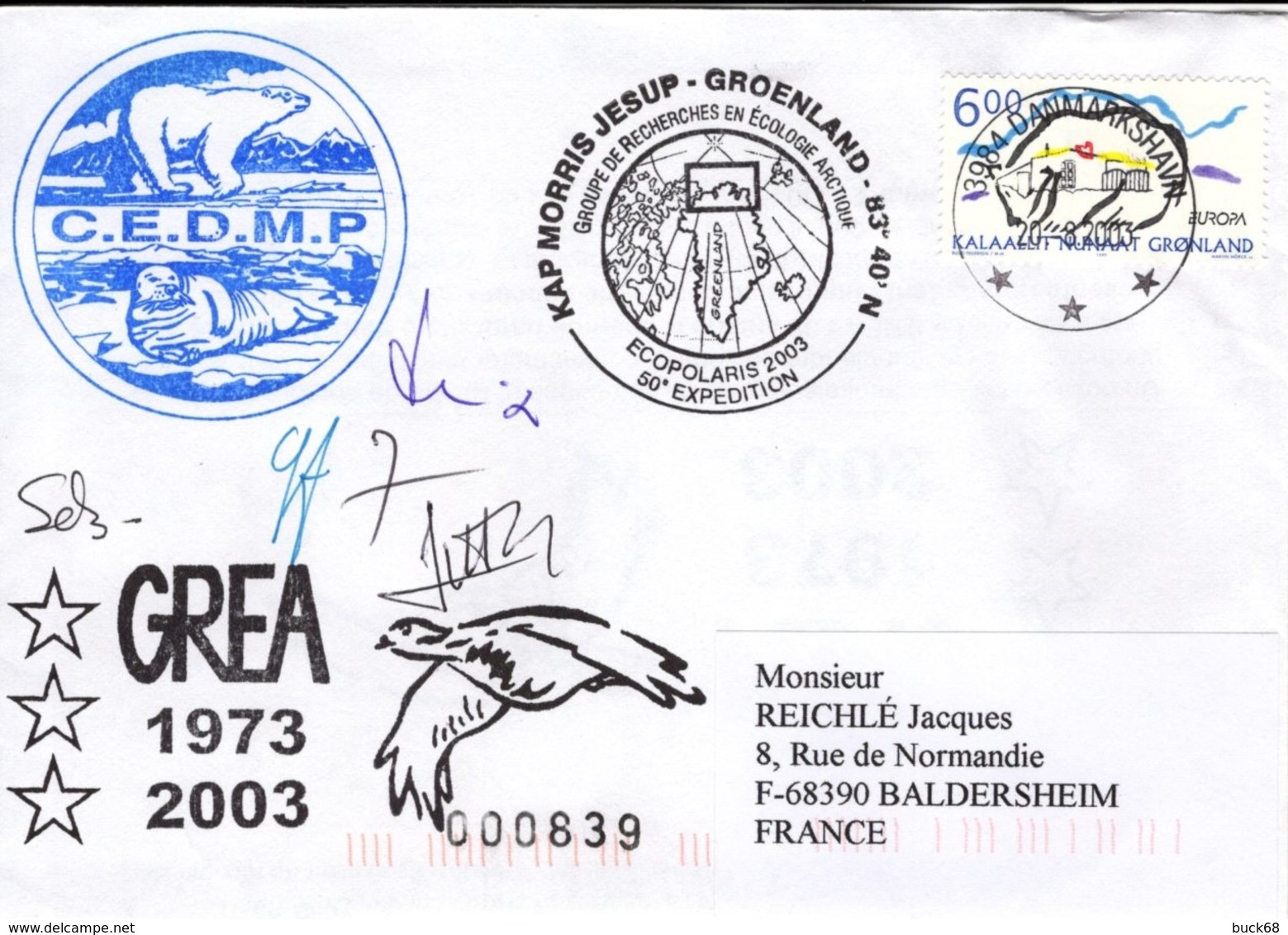 GROENLAND GRØNLAND 315 Lettre Signée GREA C.E.M.D.P. Missions KAP MORRIS JESUP - 83° 40' N Ecopolaris 2003 - Postmarks