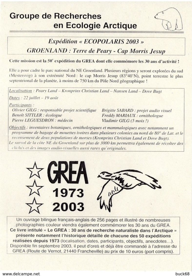 GROENLAND GRØNLAND 315 Lettre Signée GREA C.E.M.D.P. Missions KAP MORRIS JESUP - 83° 40' N Ecopolaris 2003 - Marcofilie