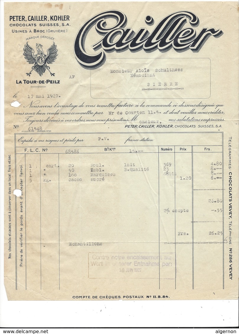 F113 - Facture Rechnung 1927 La Tour De Peilz Peter Cailler Kohler Pour Schulthess Sierre + Cachet Machine à Affranchir - Suisse