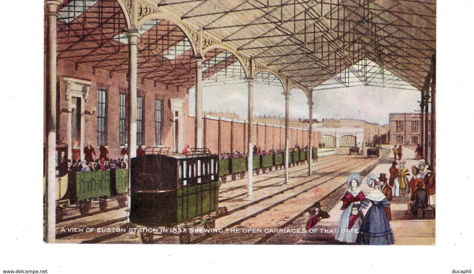 Les Locomotives (Royaume-Uni) A VIEW EUSTON STATION IN 1837 SHEWING THE OPEN CARRIAGES OF THAT DATE - Trains