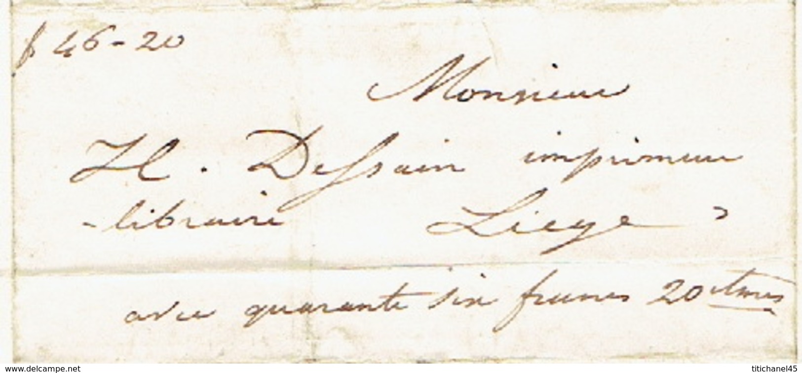 Précurseur Du 5/5/1847 + Manuscrit "avec 46frs 20 " Par Le Voiturier LAFONTAINE De HOUFFALIZE à LIEGE - Signé BIERME - 1830-1849 (Belgique Indépendante)