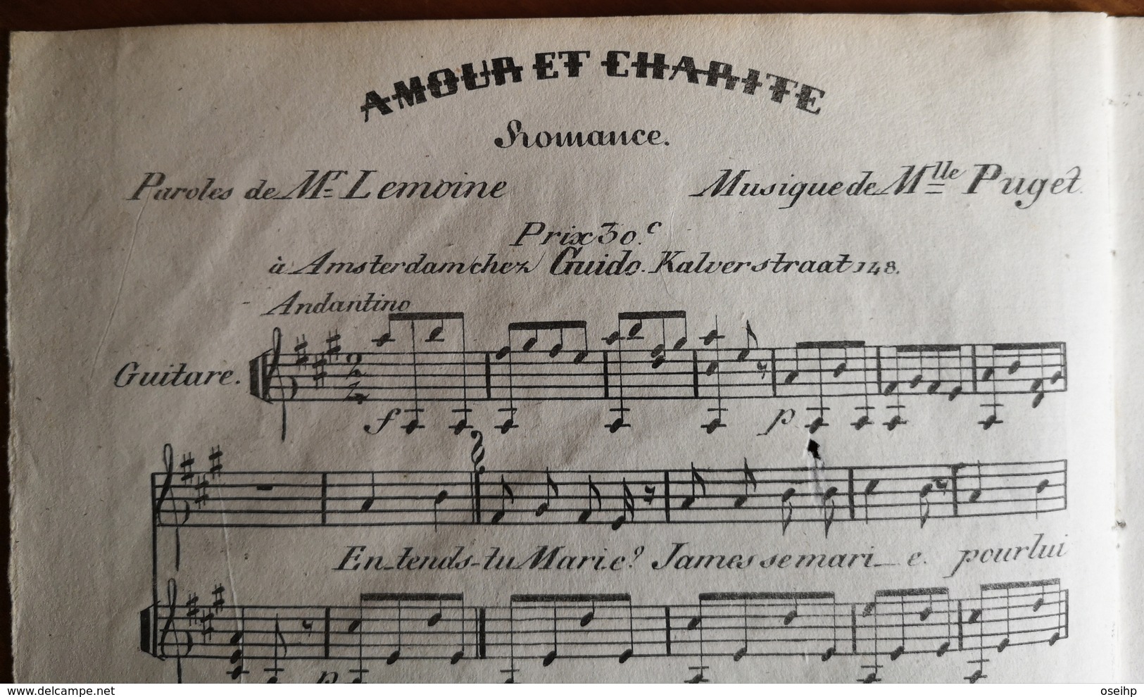 Partition Ancienne Guitare Romance AMOUR ET CHARITE Mr Lemoine Melle Puget Guido Lithographie - Partitions Musicales Anciennes