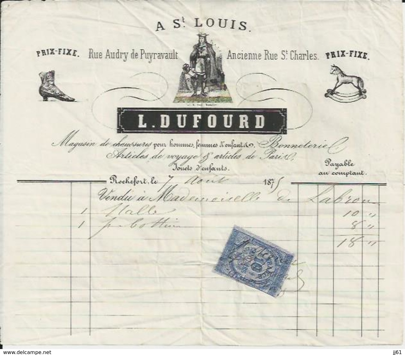 ROCHEFORT  L DUFOURD A ST LOUIS MAGASIN DE CHAUSSURES BONNETERIE JOUETS D ENFANTS ANNEE 1875 ENTETE CHEVAL - Autres & Non Classés