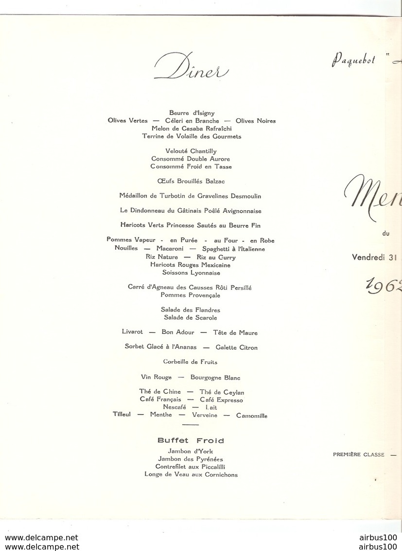 MENU 1962 PAQUEBOT ANTILLES Cie Gle TRANSATLANTIQUE FRENCH LINE - CHATEAU DE MAISONS - CHALCOGRAPHIE DU LOUVRE - Menus