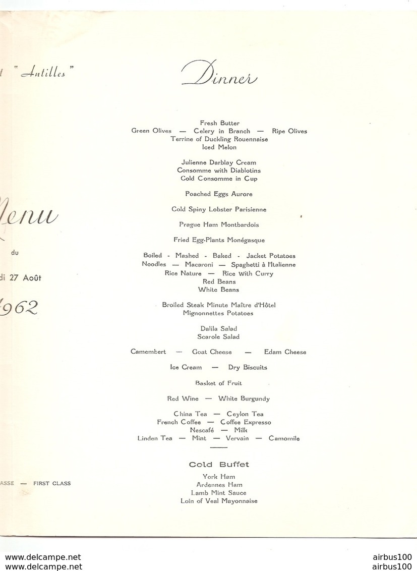 MENU 1962 PAQUEBOT ANTILLES Cie Gle TRANSATLANTIQUE FRENCH LINE - CHATEAU D'ANET - CHALCOGRAPHIE DU LOUVRE - Menus